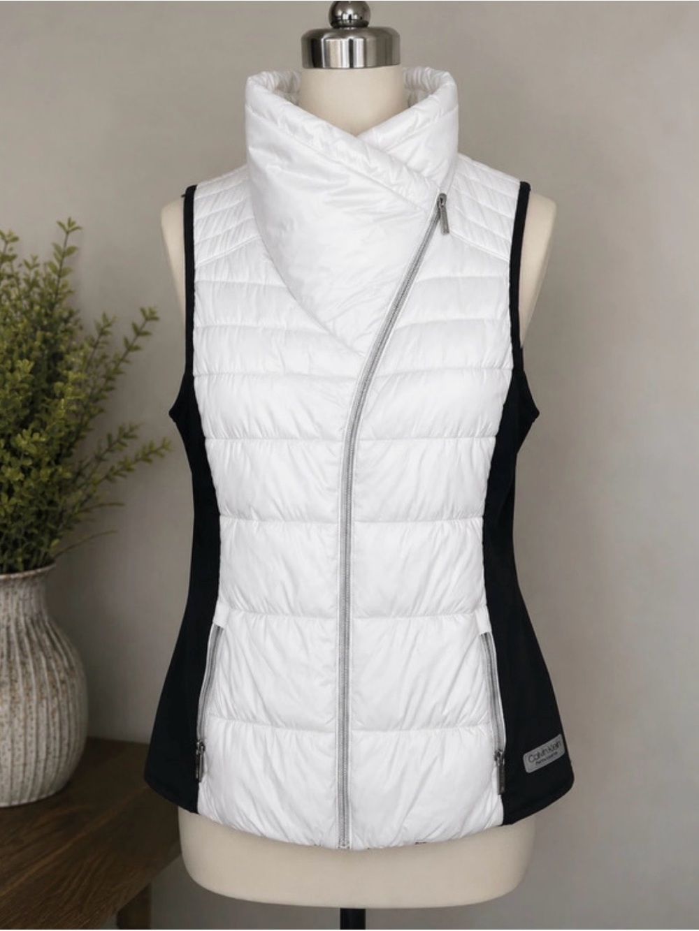 Calvin Klein White & Black Quilted Asymmetric Zip Vest